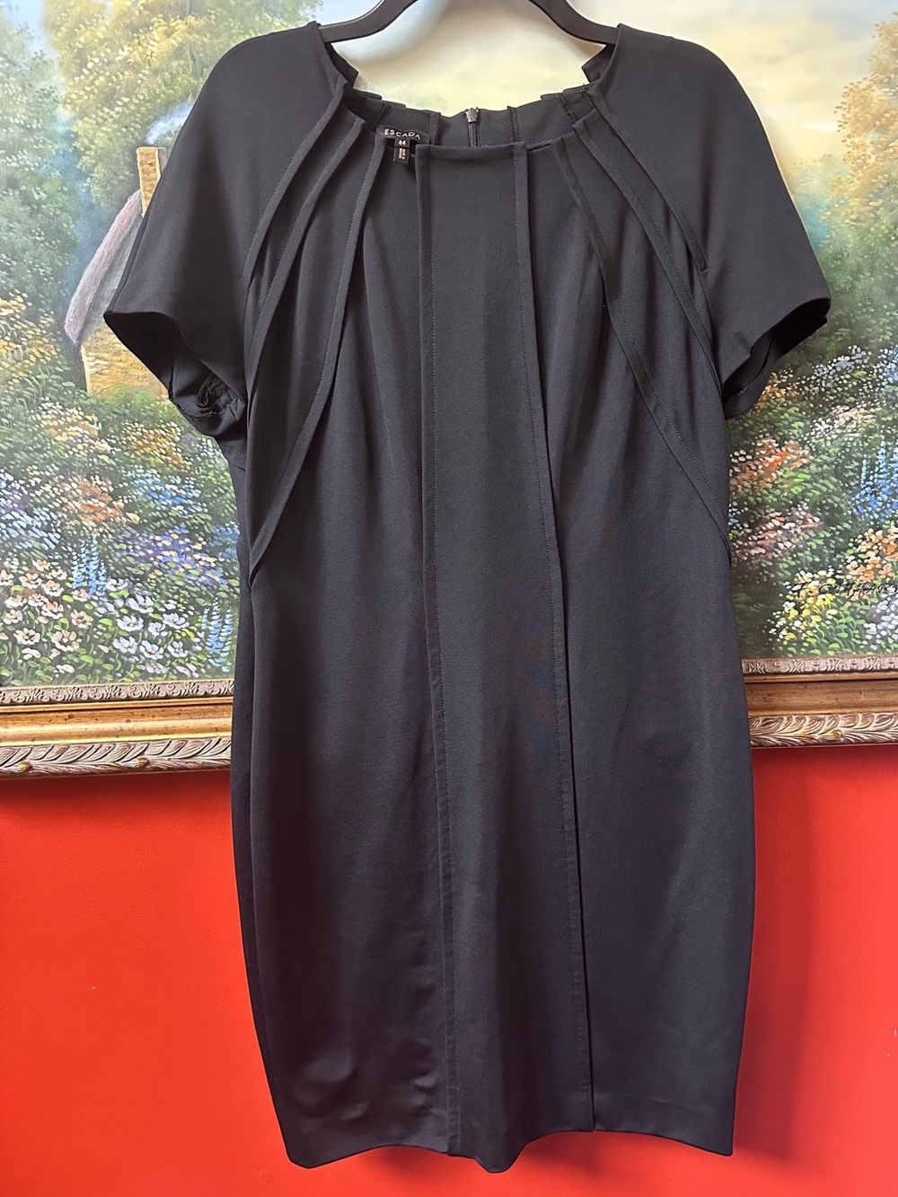 Escada Black  Short  Cap Sleeve Sheath Dress Pleated Shoulder Women’s Size 44